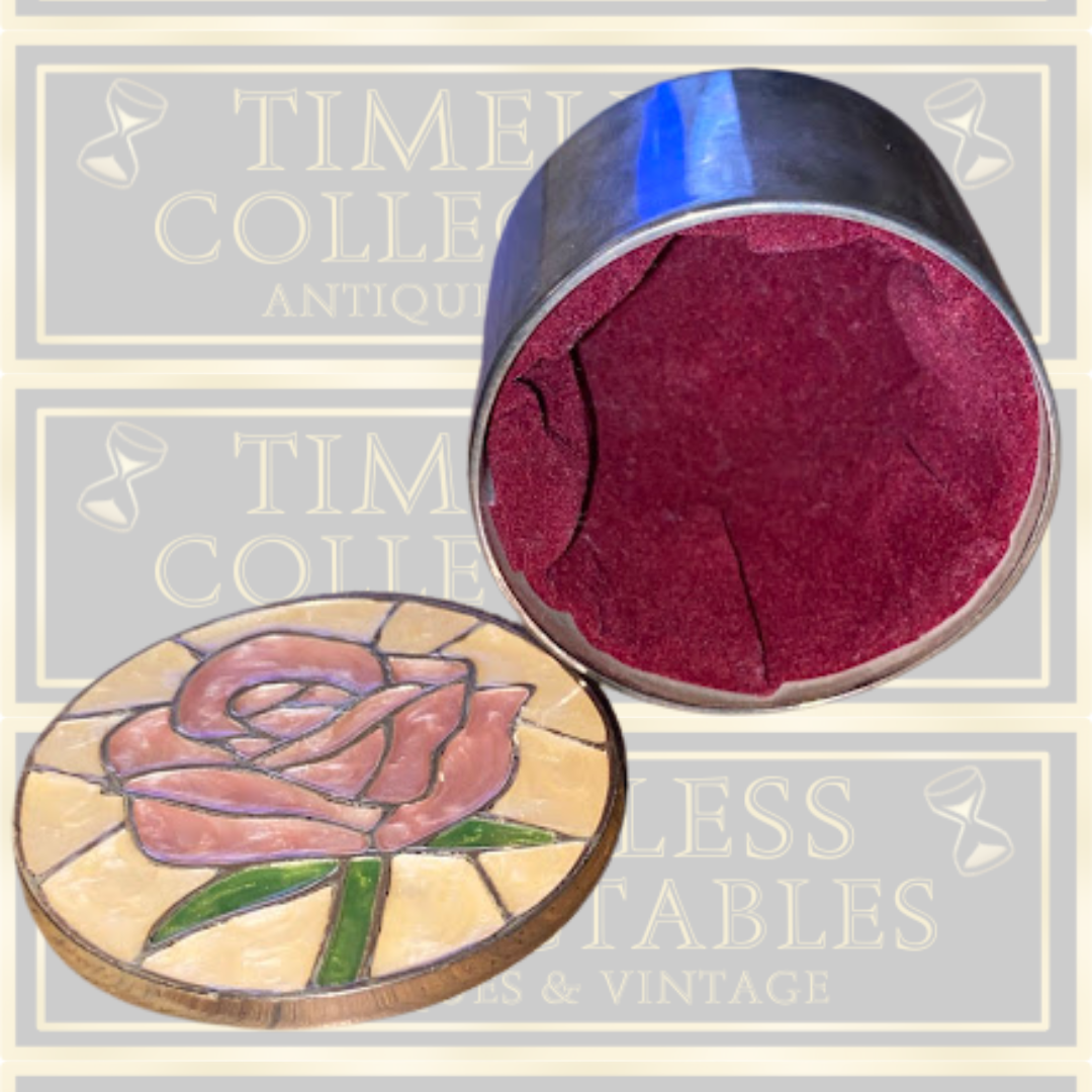 Vintage Metal Circular Pink Rose Enamel Trinket Box