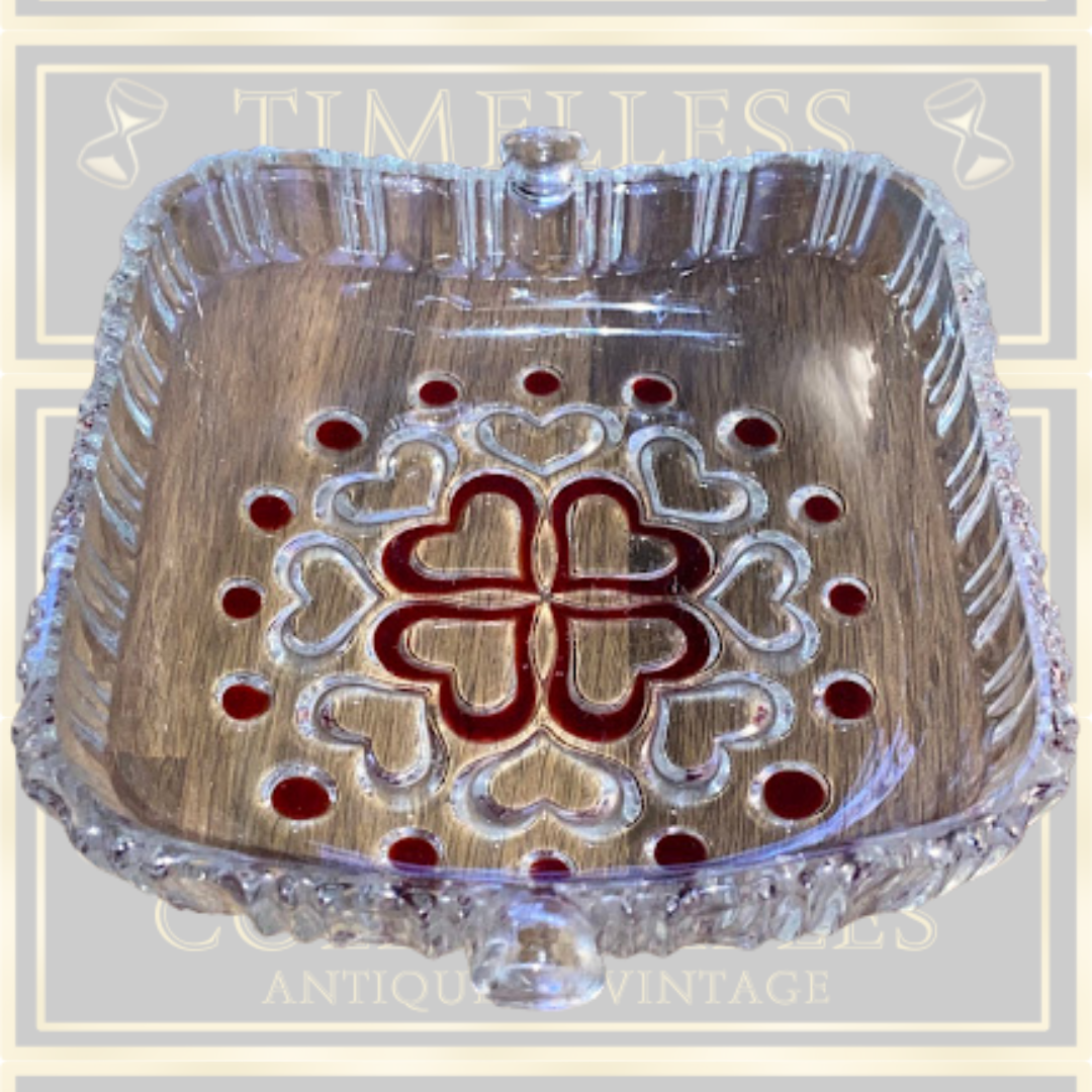 Vintage Red Heart Crystal Art Glass Square Dish
