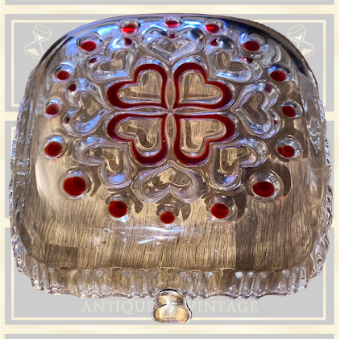 Vintage Red Heart Crystal Art Glass Square Dish