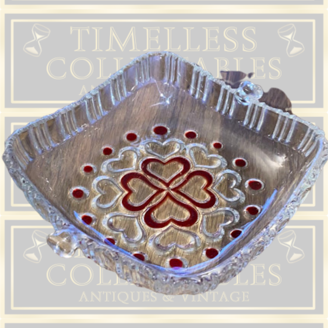Vintage Red Heart Crystal Art Glass Square Dish