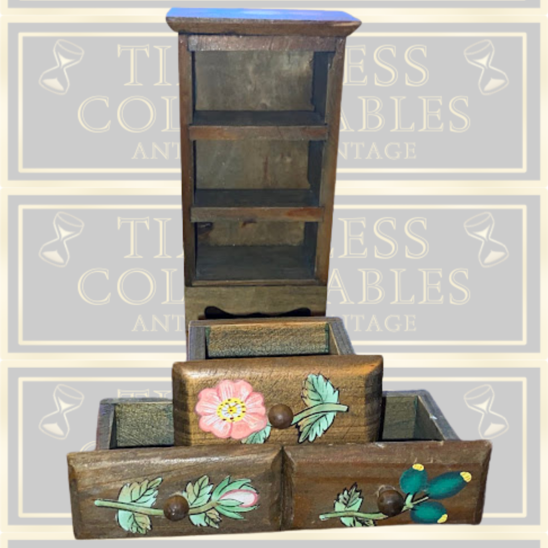 Vintage Miniature Hand-Painted Wooden Folk Art Floral three drawers