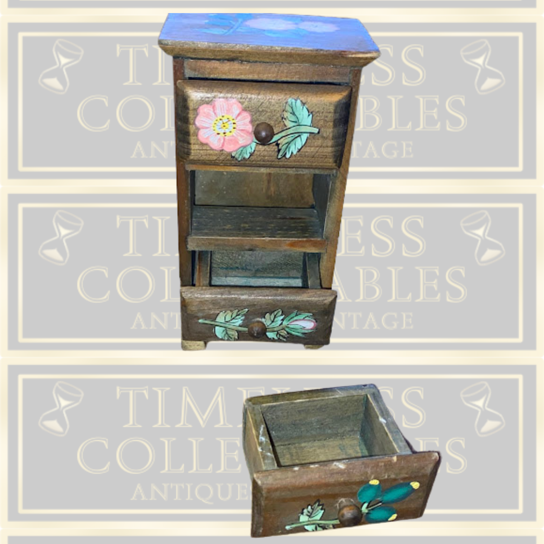 Vintage Miniature Hand-Painted Wooden Folk Art Floral three drawers