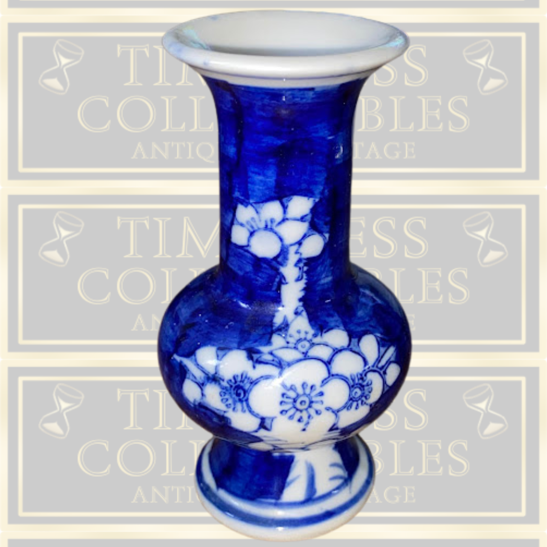 Vintage Chinese Blue & White Mini Porcelain Cherry Blossom Vase