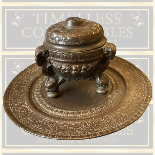 Antique Solid Bronze Rams Head Hinged Pot With Attached Round Tray