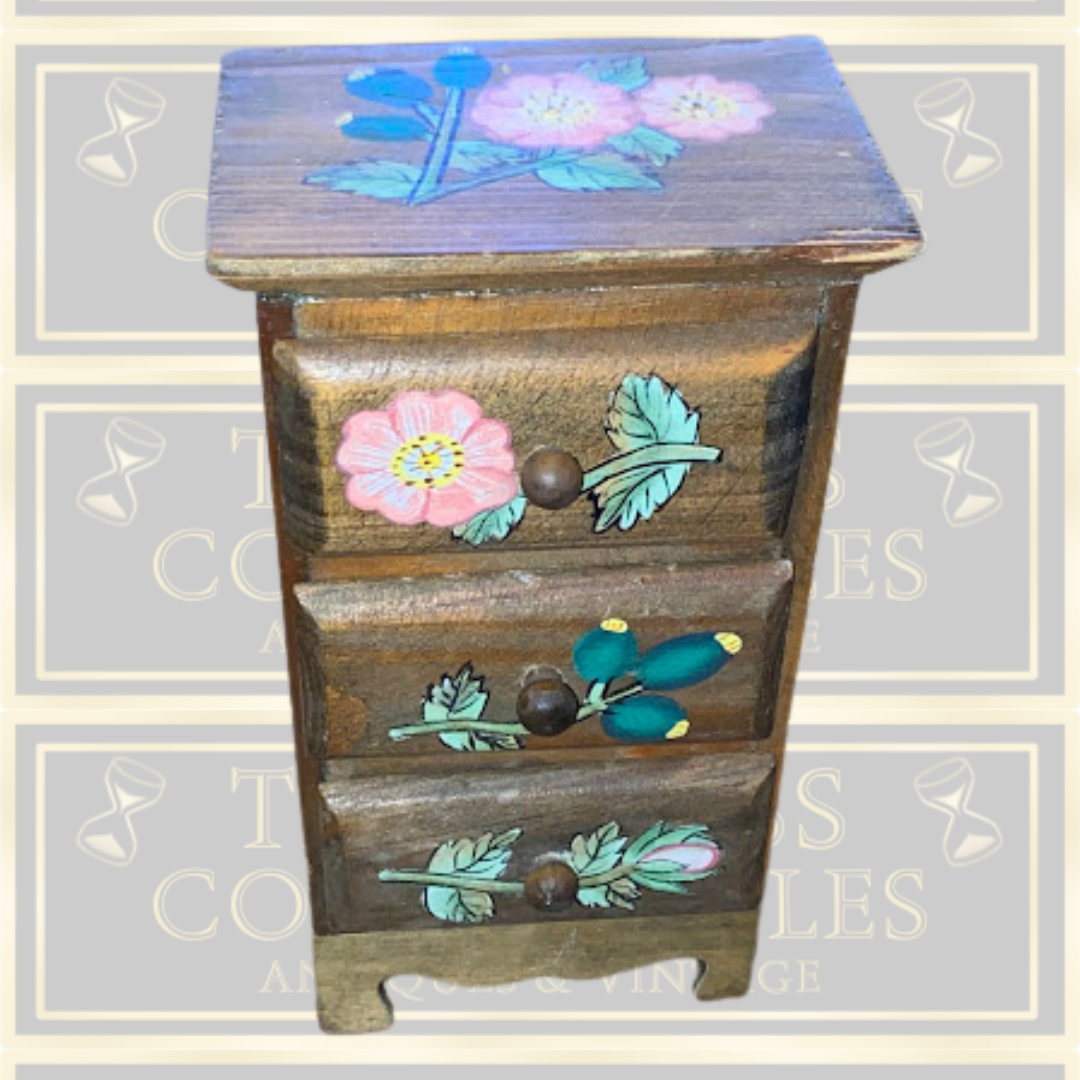 Vintage Miniature Hand-Painted Wooden Folk Art Floral three drawers