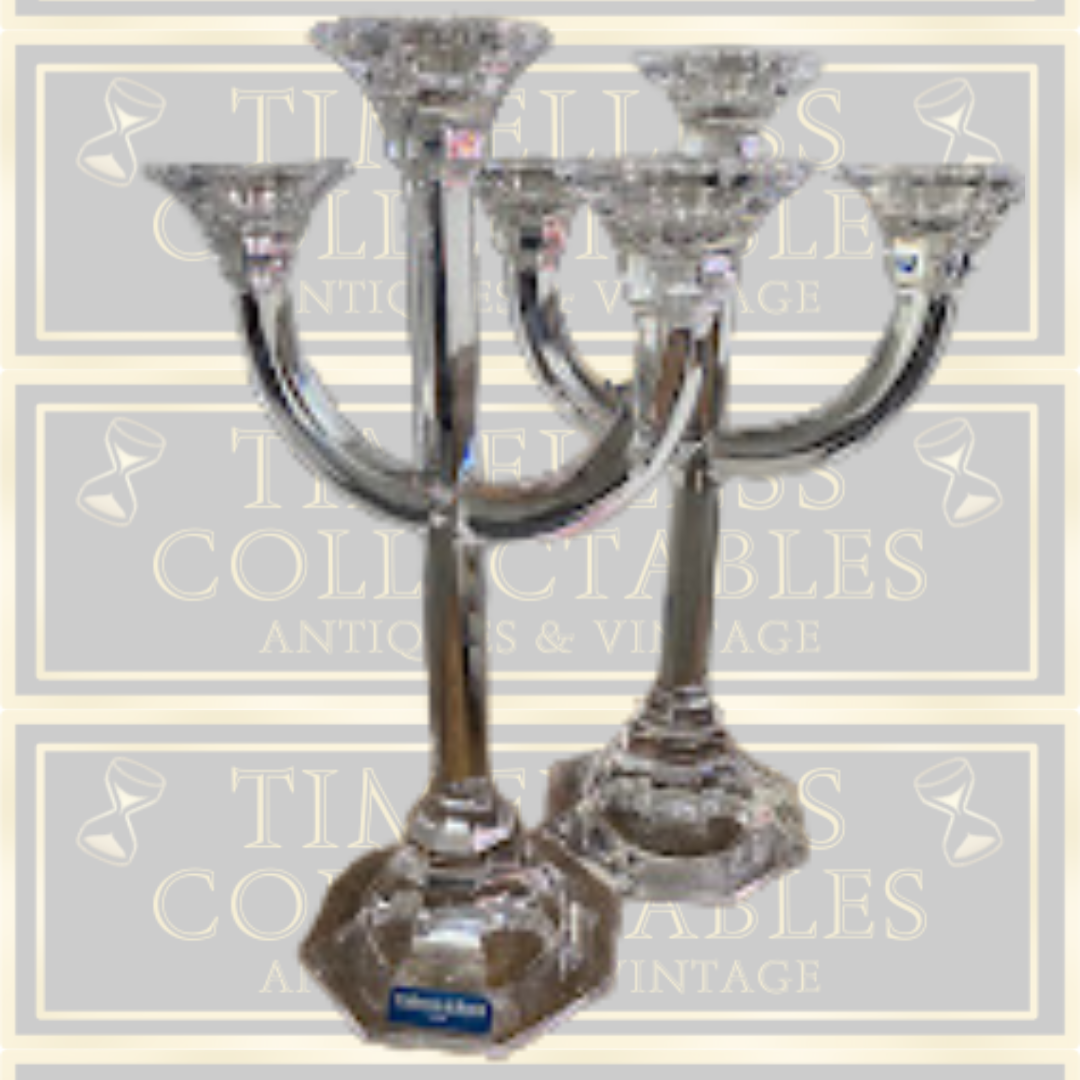 Mid Century Quality Pair Villeroy & Boch Three Arm Crystal Candelabra Signed