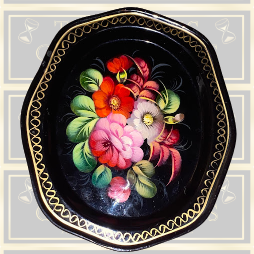 Vintage Russian Hand-Painted Floral Metal Serving Tray