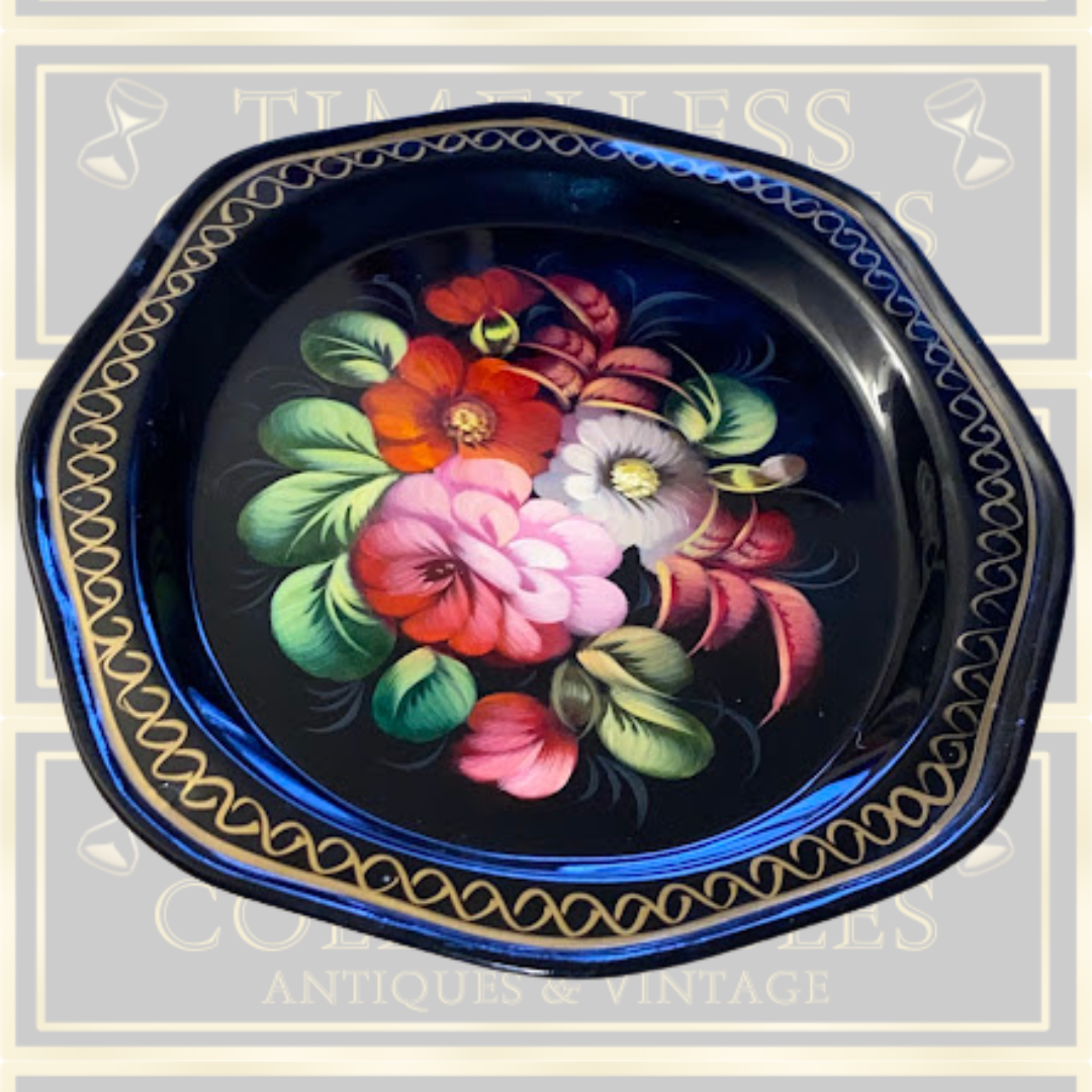 Vintage Russian Hand-Painted Floral Metal Serving Tray