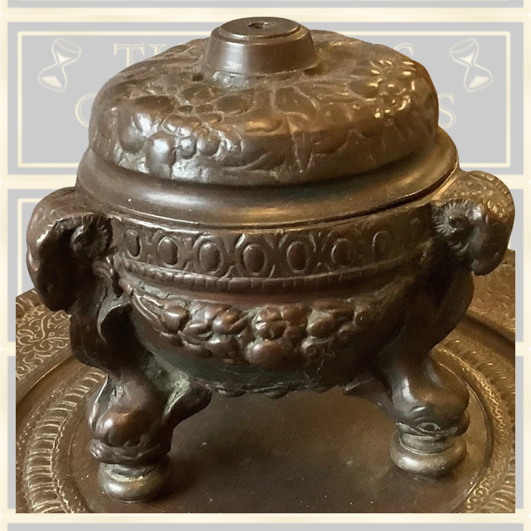 Antique Solid Bronze Rams Head Hinged Pot With Attached Round Tray