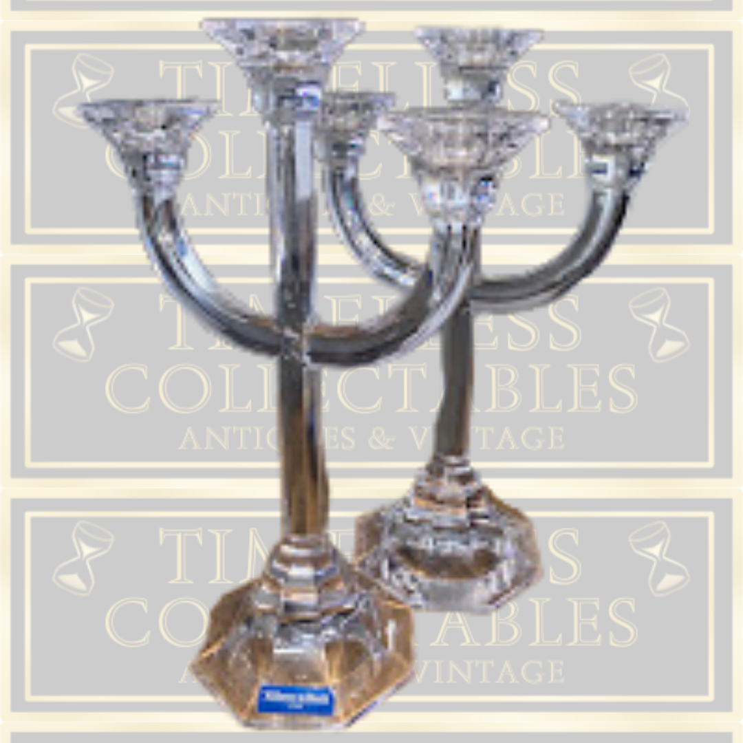 Mid Century Quality Pair Villeroy & Boch Three Arm Crystal Candelabra Signed