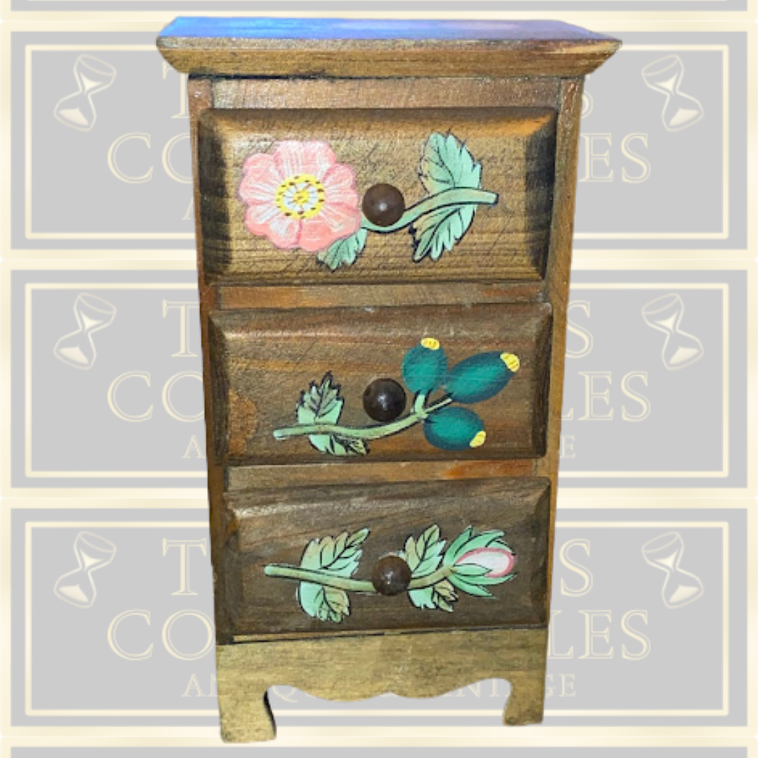 Vintage Miniature Hand-Painted Wooden Folk Art Floral three drawers