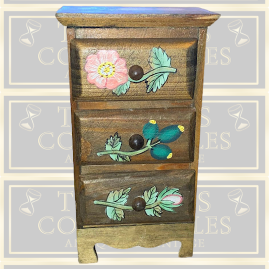 Vintage Miniature Hand-Painted Wooden Folk Art Floral three drawers