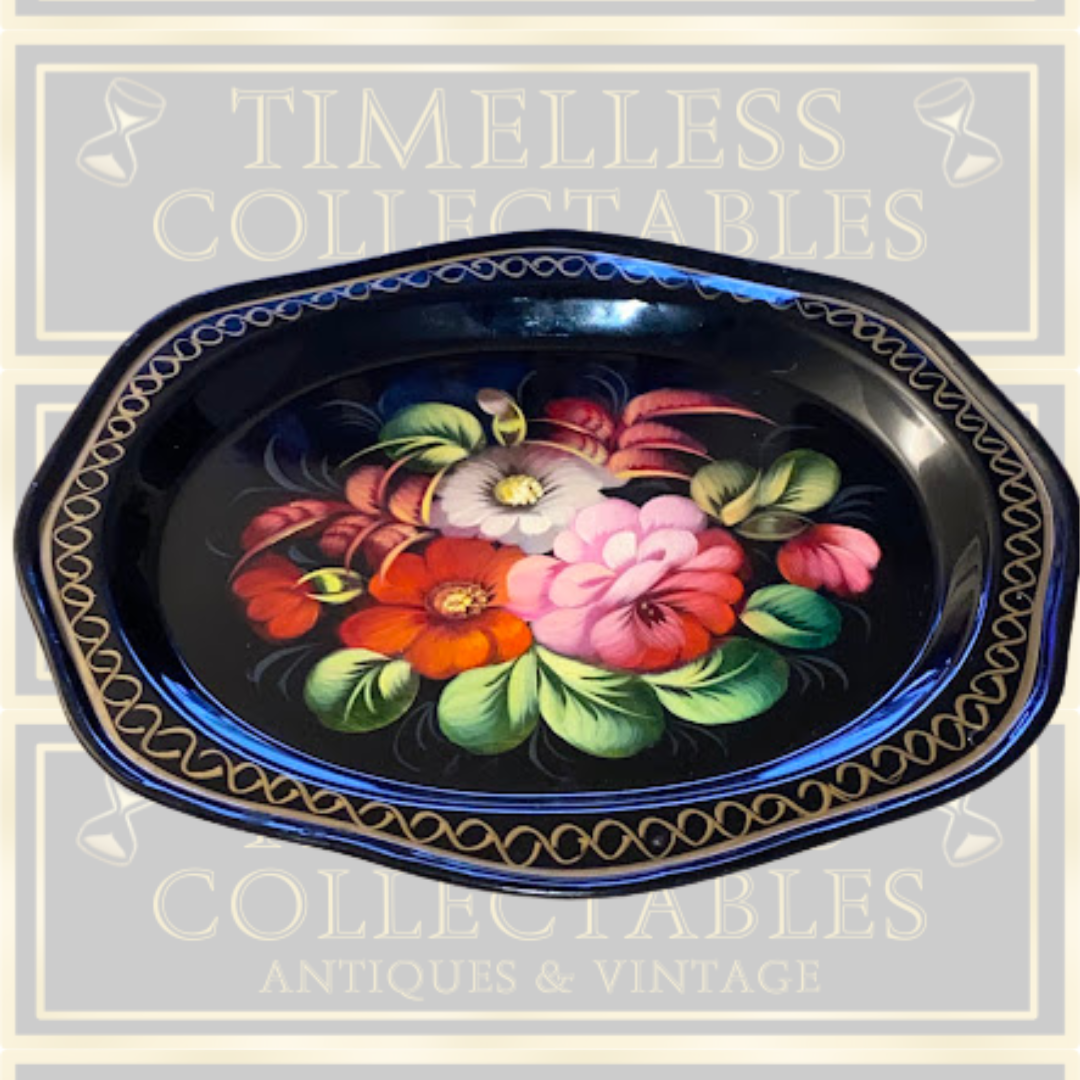 Vintage Russian Hand-Painted Floral Metal Serving Tray