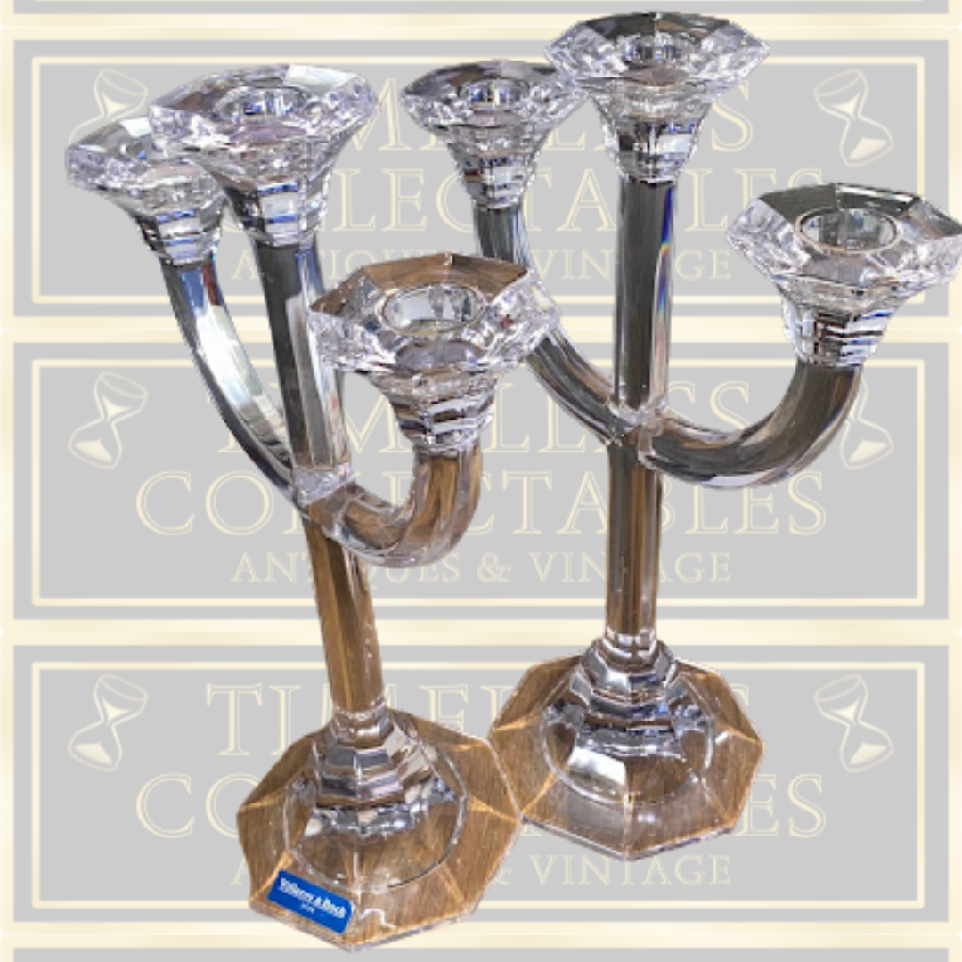 Mid Century Quality Pair Villeroy & Boch Three Arm Crystal Candelabra Signed
