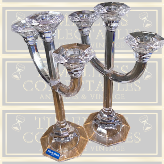 Mid Century Quality Pair Villeroy & Boch Three Arm Crystal Candelabra Signed