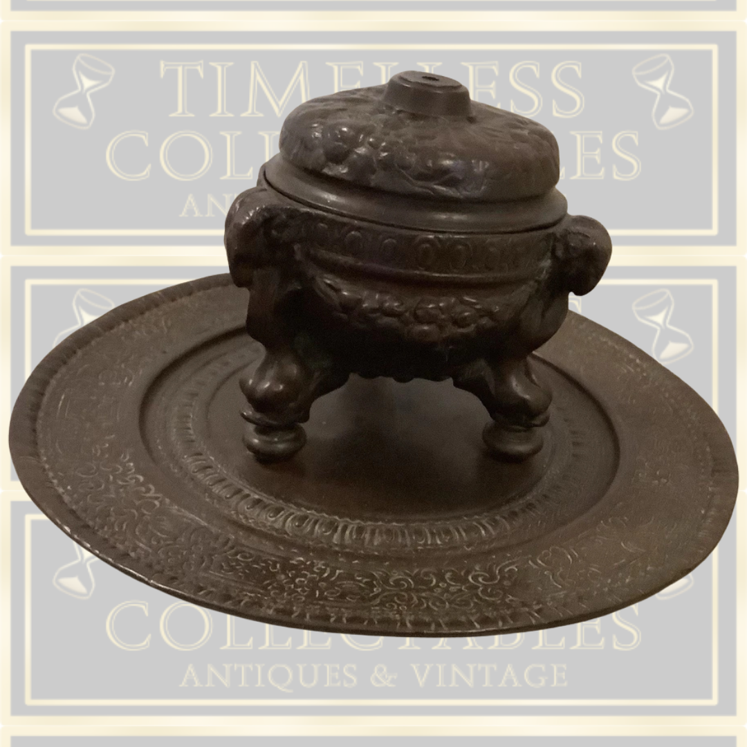 Antique Solid Bronze Rams Head Hinged Pot With Attached Round Tray