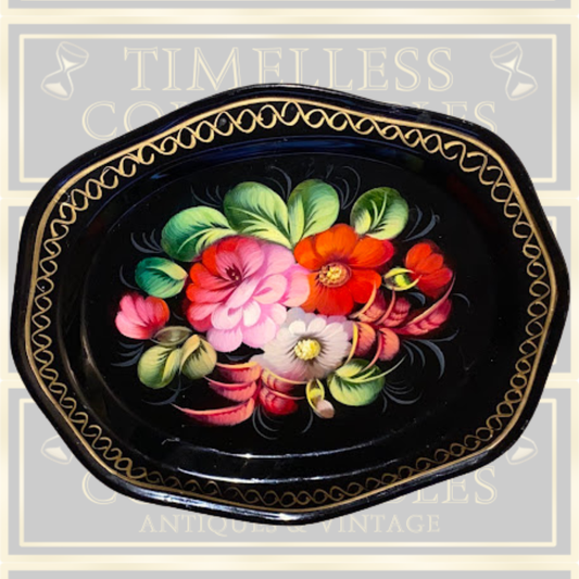 Vintage Russian Hand-Painted Floral Metal Serving Tray