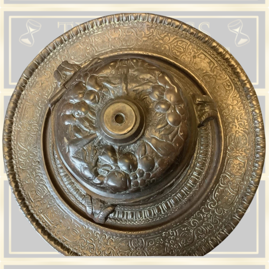 Antique Solid Bronze Rams Head Hinged Pot With Attached Round Tray