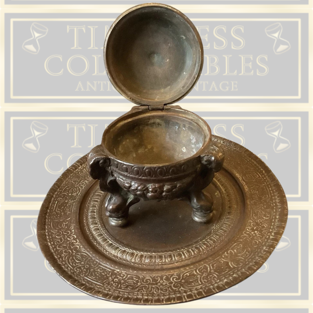 Antique Solid Bronze Rams Head Hinged Pot With Attached Round Tray