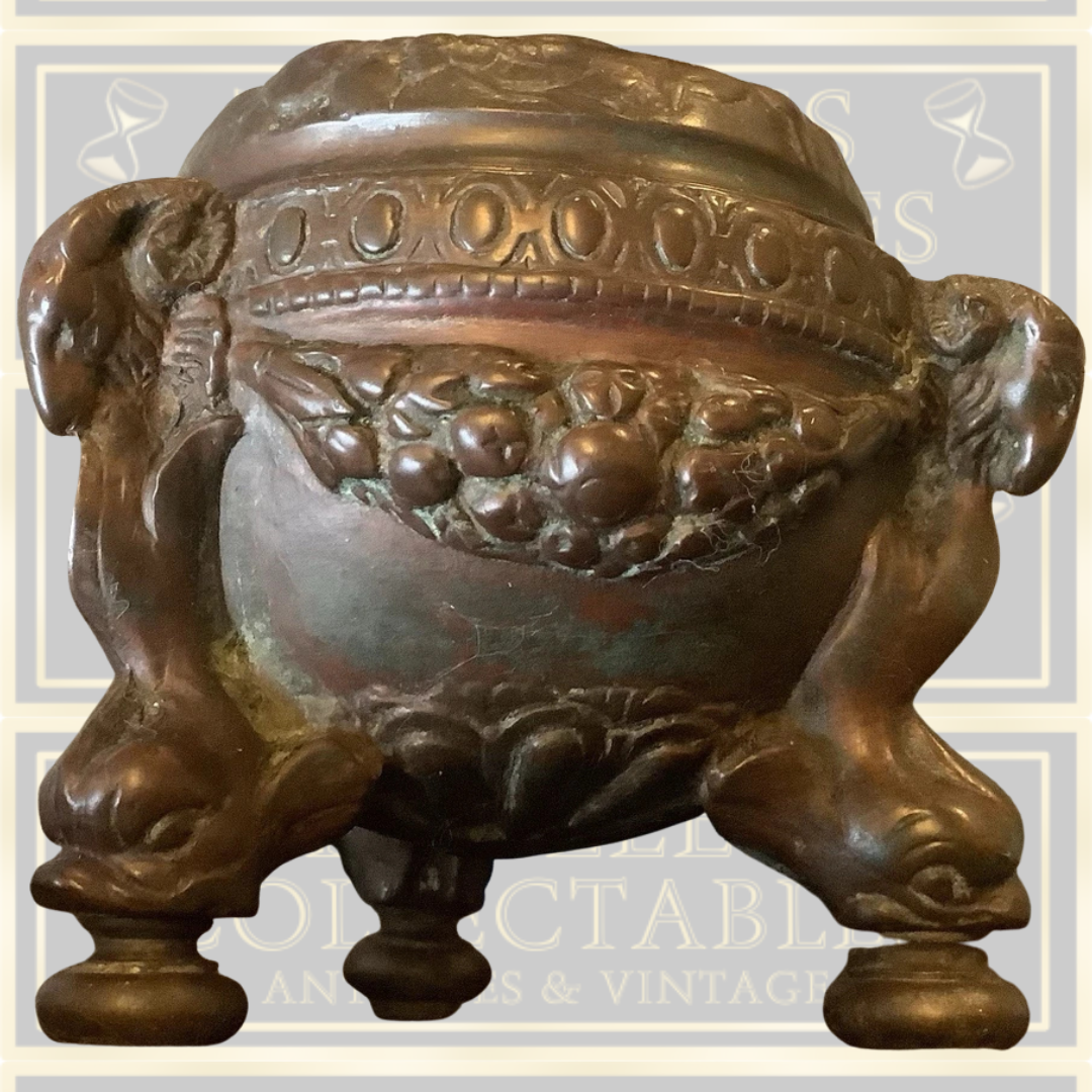 Antique Solid Bronze Rams Head Hinged Pot With Attached Round Tray
