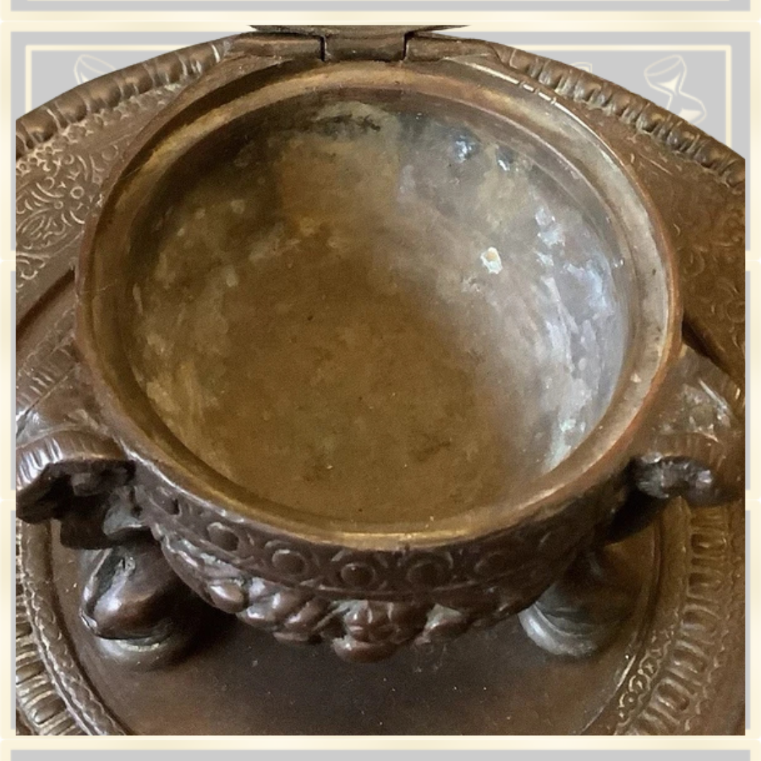 Antique Solid Bronze Rams Head Hinged Pot With Attached Round Tray