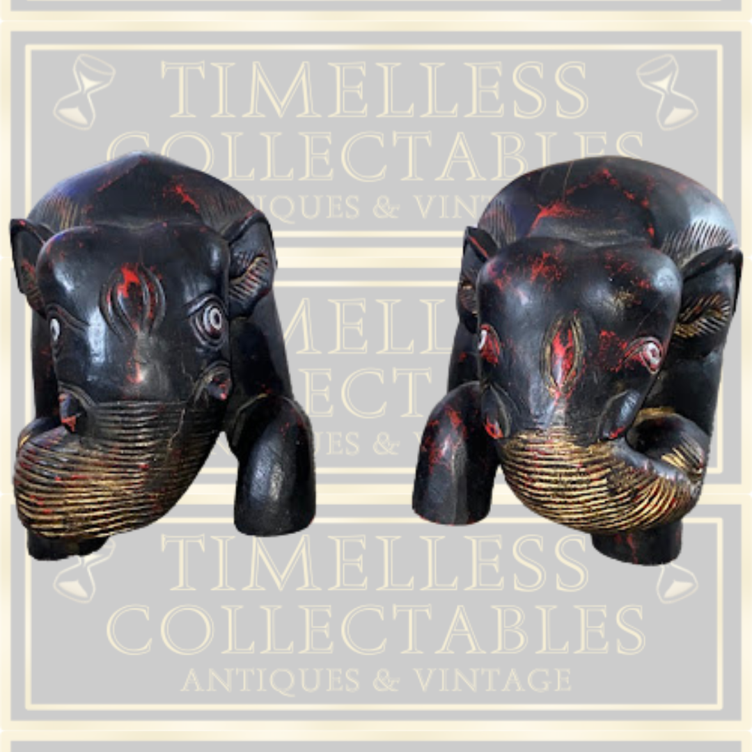 Vintage Large Pair Indian Elephant Bookends Hand Carved Dark Wood