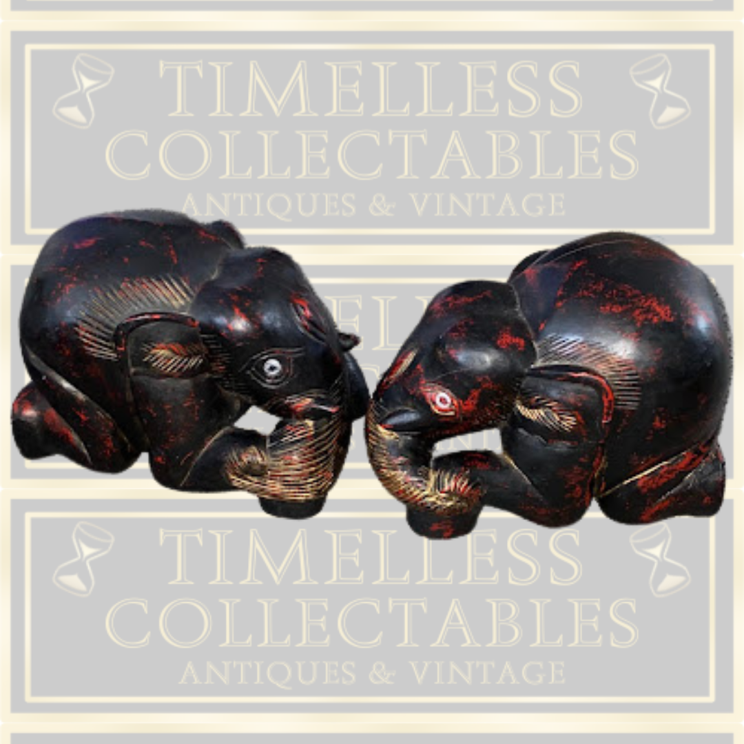 Vintage Large Pair Indian Elephant Bookends Hand Carved Dark Wood