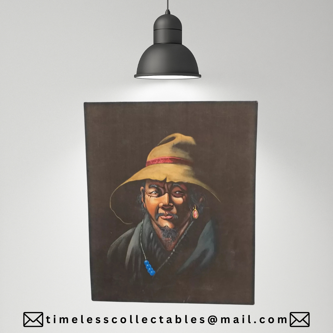 Vintage Tibetan Portrait Of A Old Man On Black Silk