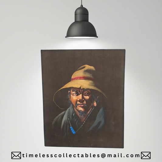 Vintage Tibetan Portrait Of A Old Man On Black Silk