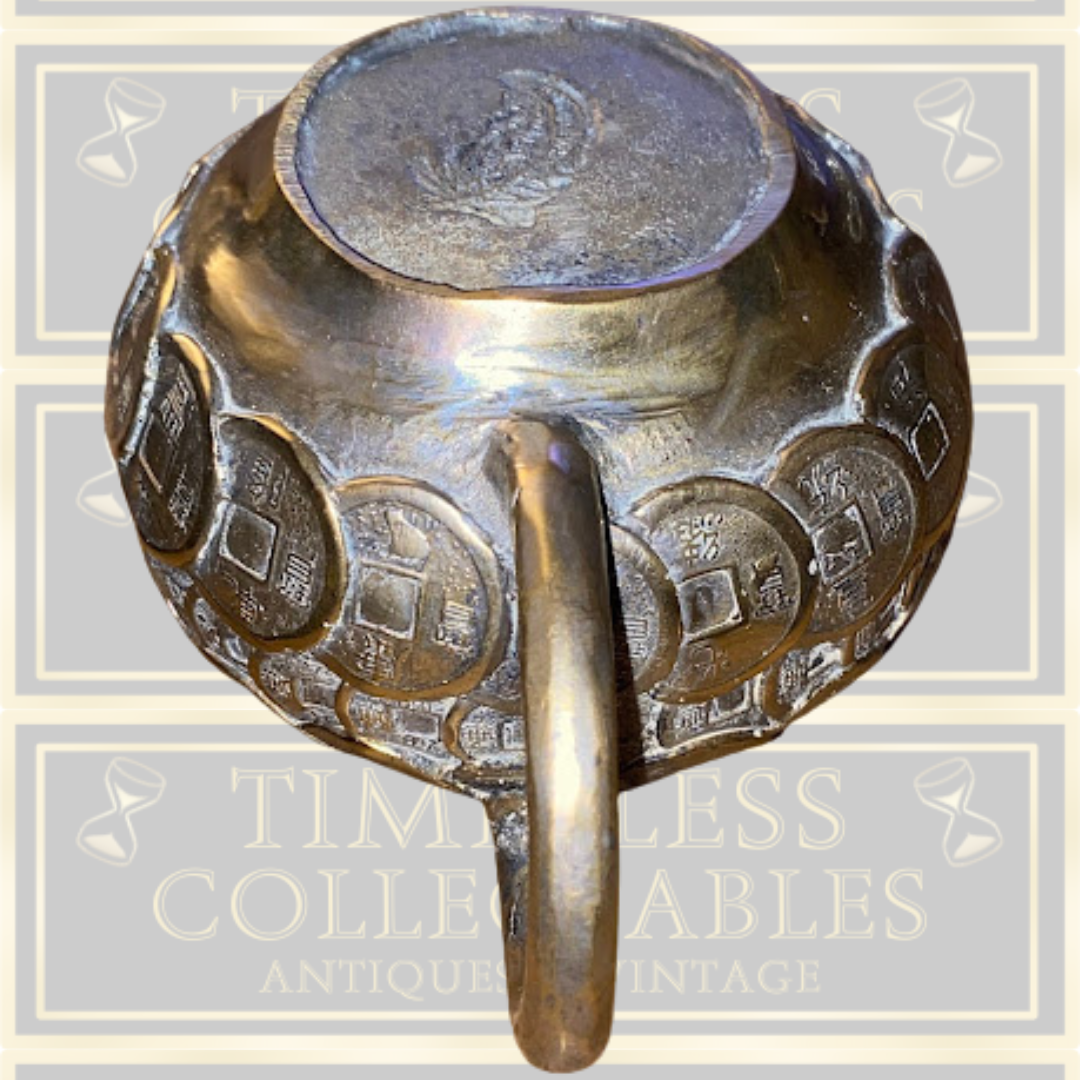 Antique Brass Engraved Chinese Coin Teapot