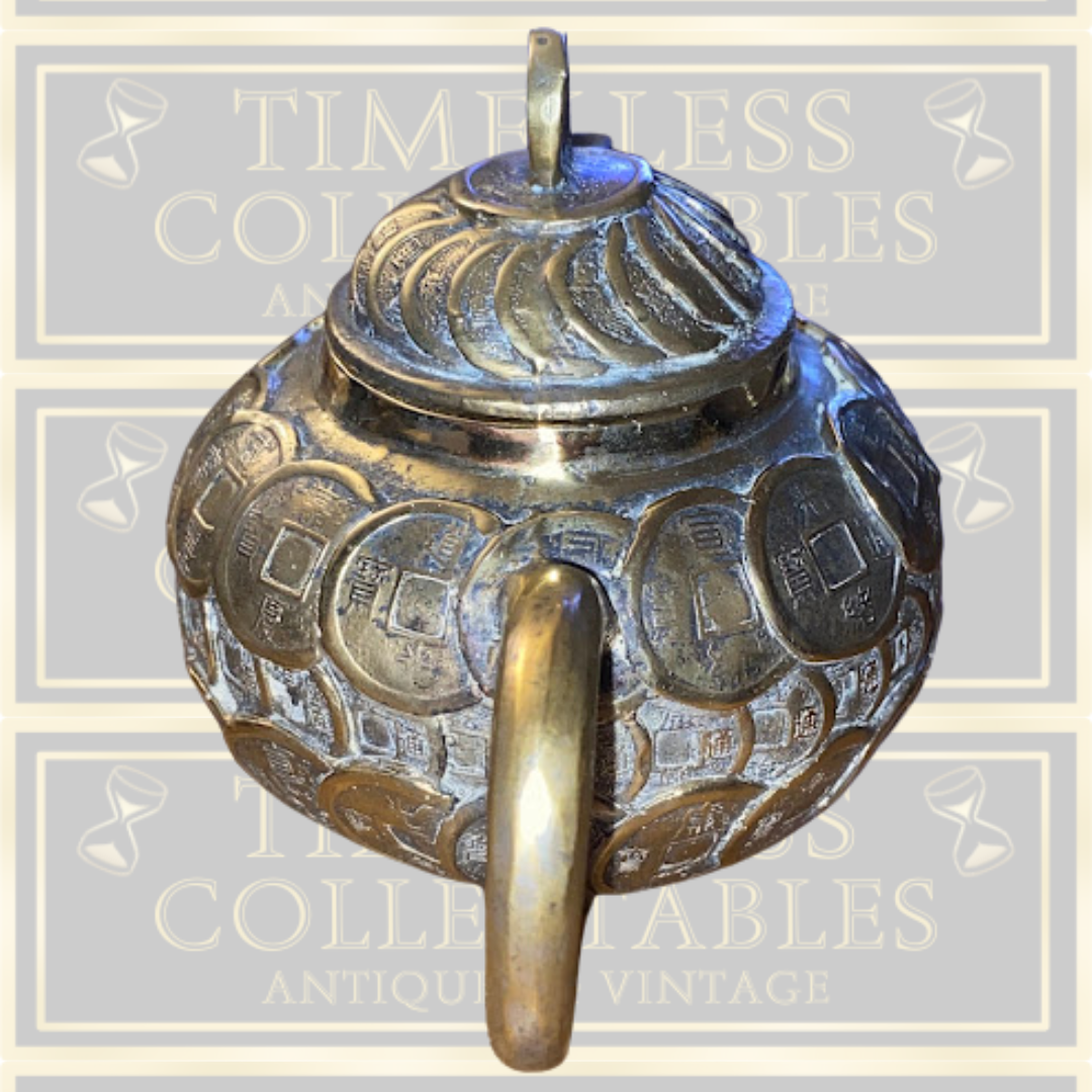 Antique Brass Engraved Chinese Coin Teapot
