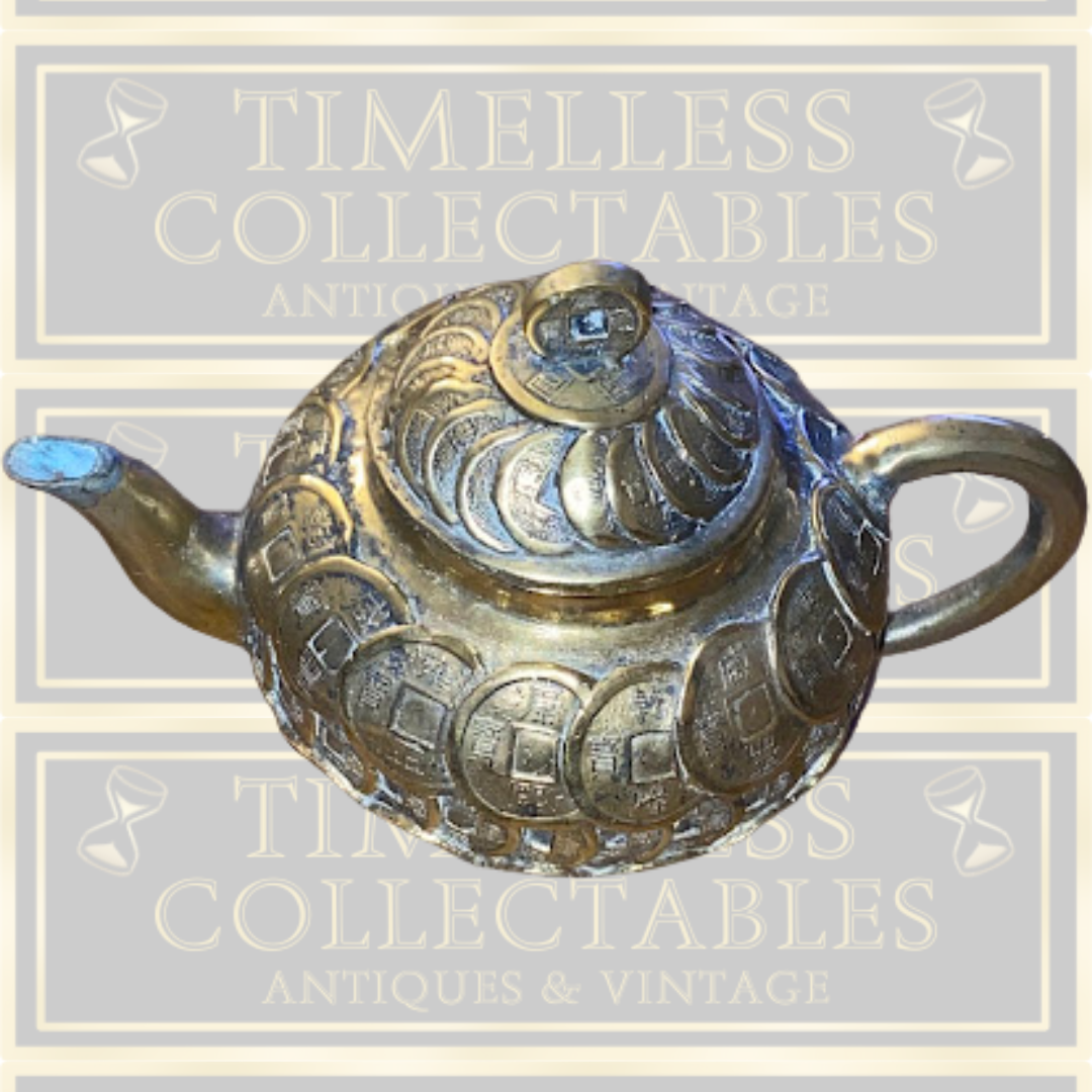Antique Brass Engraved Chinese Coin Teapot