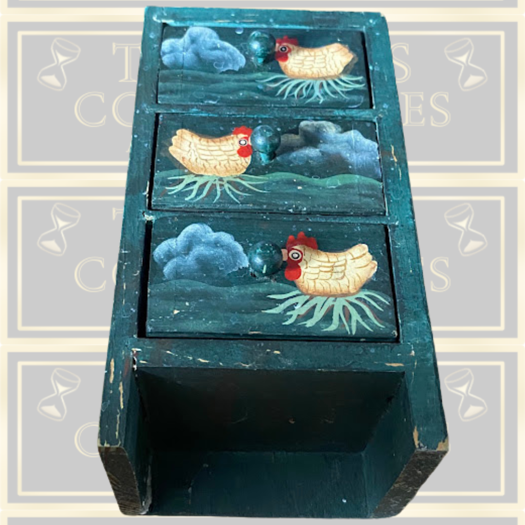 Vintage Wooden Mini Three Draws Hand-Painted Chicken Motifs