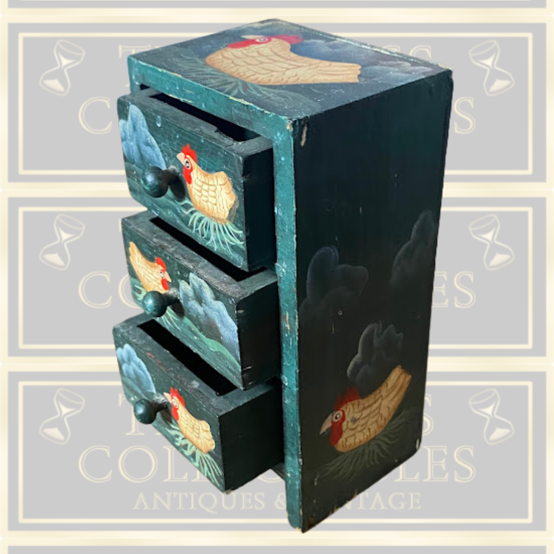 Vintage Wooden Mini Three Draws Hand-Painted Chicken Motifs