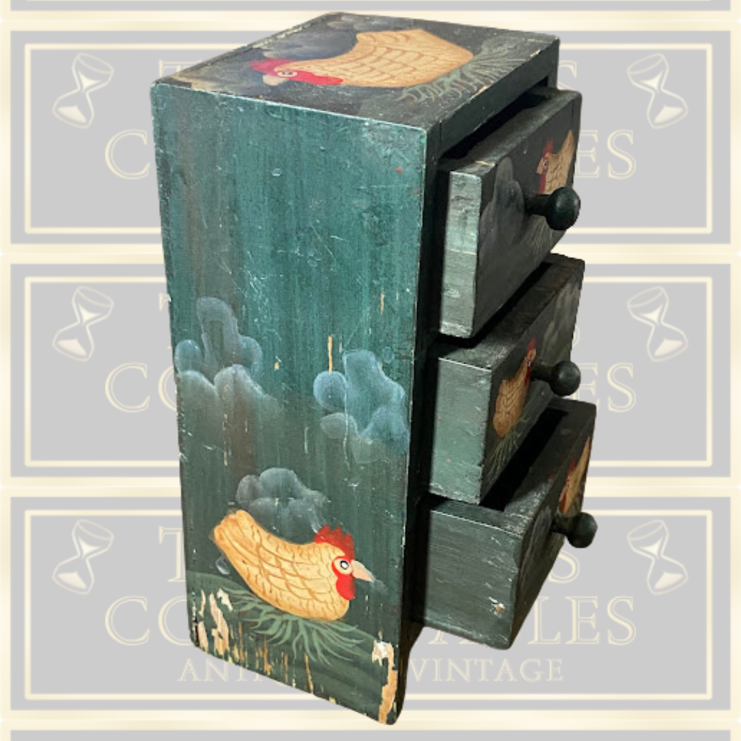 Vintage Wooden Mini Three Draws Hand-Painted Chicken Motifs