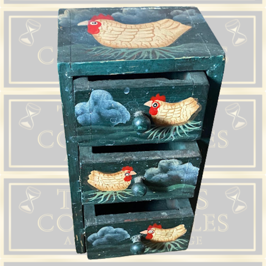 Vintage Wooden Mini Three Draws Hand-Painted Chicken Motifs