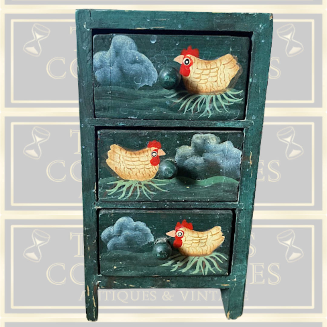 Vintage Wooden Mini Three Draws Hand-Painted Chicken Motifs