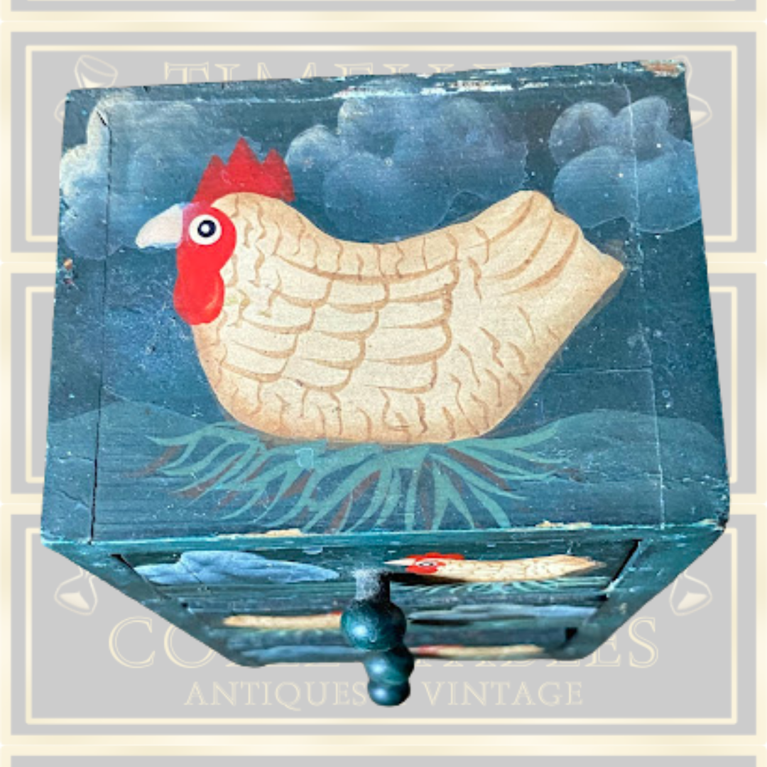 Vintage Wooden Mini Three Draws Hand-Painted Chicken Motifs