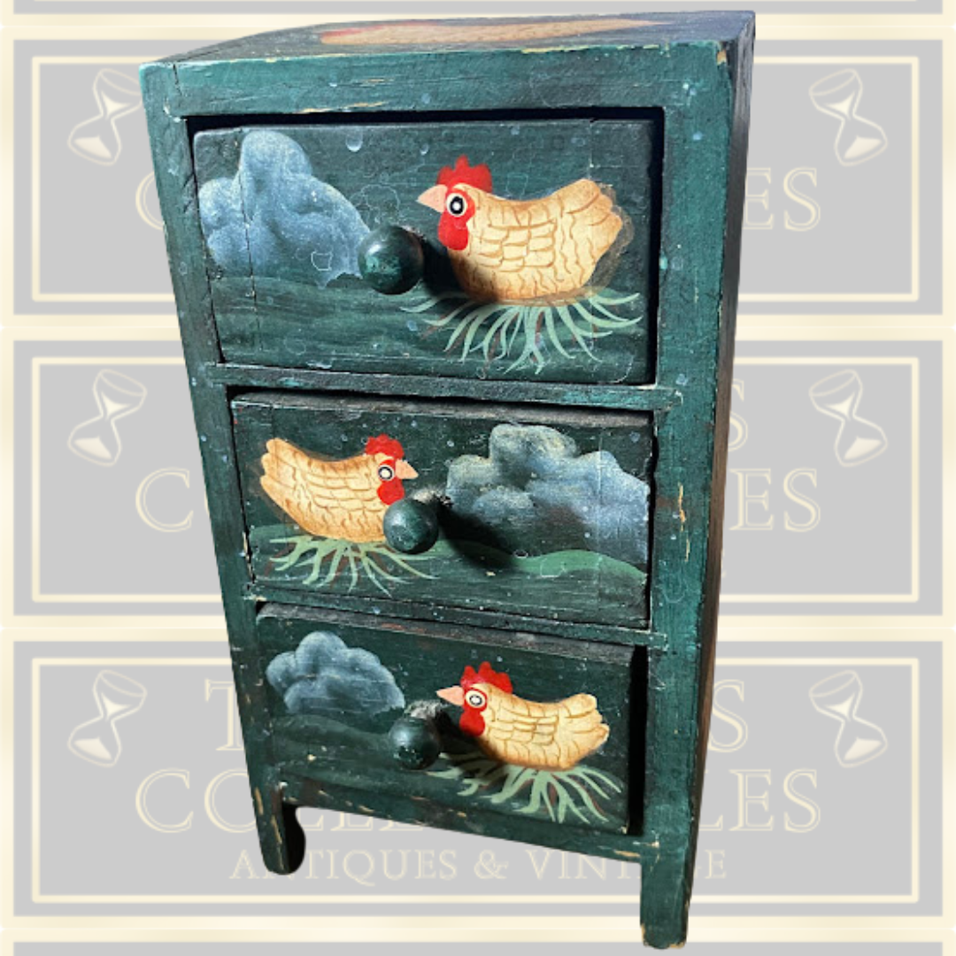 Vintage Wooden Mini Three Draws Hand-Painted Chicken Motifs