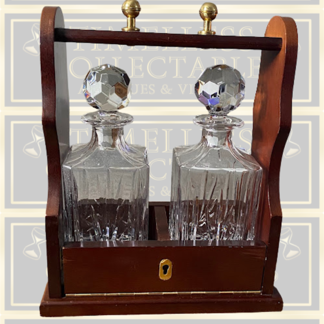 Vintage Crystal Two-Bottle Tantalus Wood Case