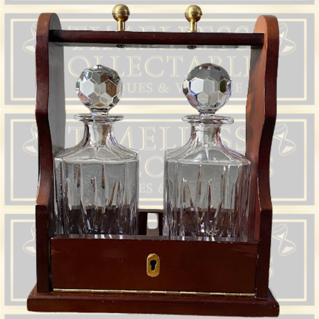 Vintage Crystal Two-Bottle Tantalus Wood Case