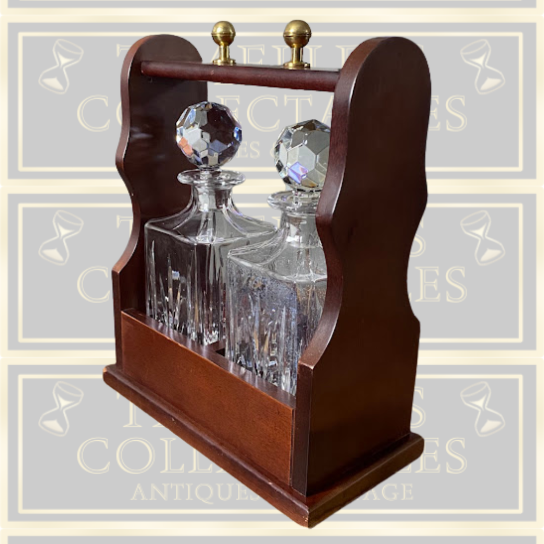 Vintage Crystal Two-Bottle Tantalus Wood Case