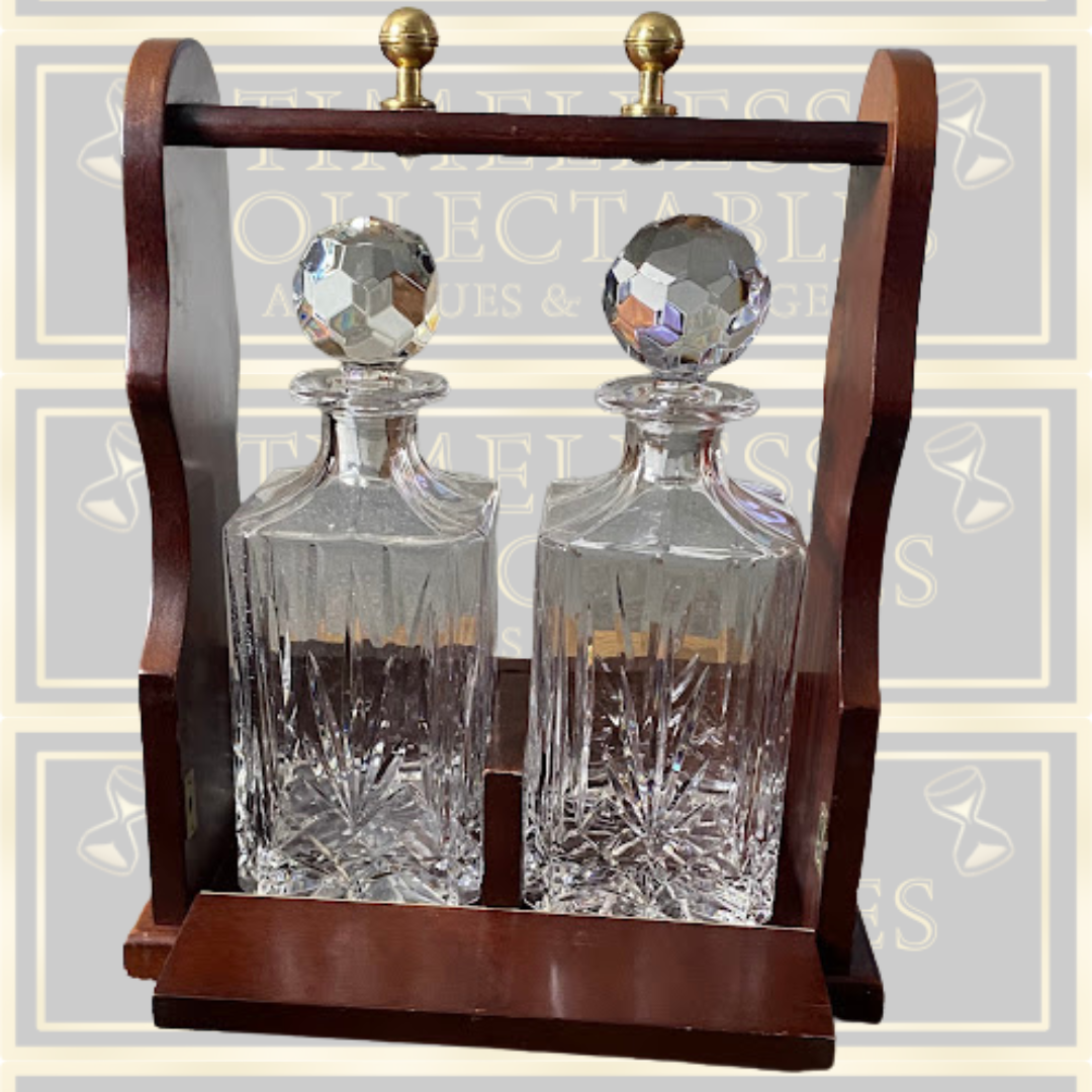 Vintage Crystal Two-Bottle Tantalus Wood Case