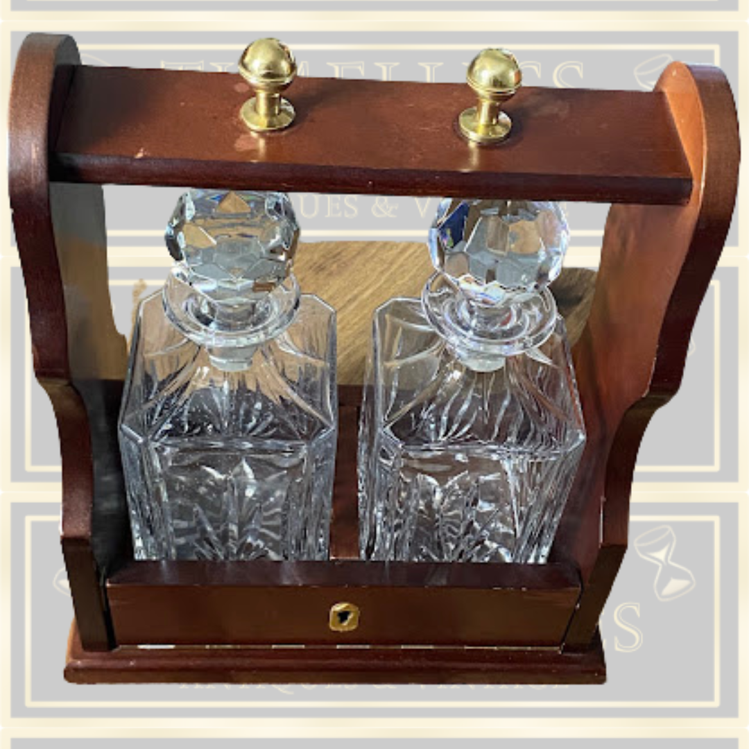 Vintage Crystal Two-Bottle Tantalus Wood Case
