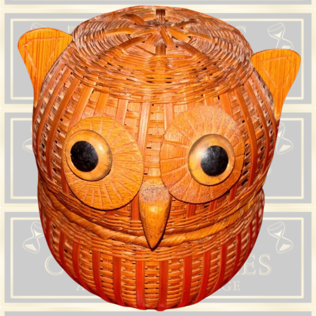 Vintage Woven Wicker Owl Lidded Basket
