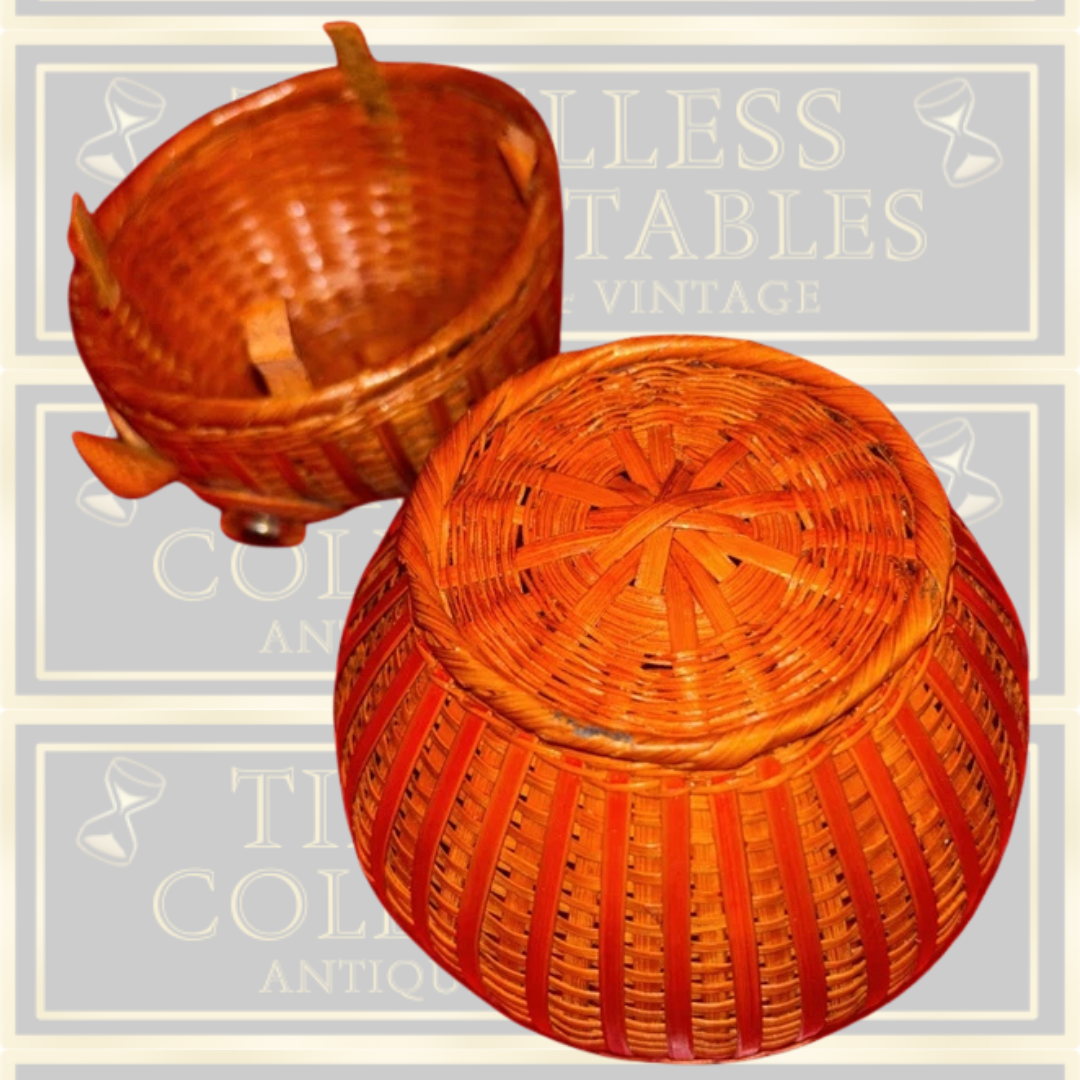 Vintage Woven Wicker Owl Lidded Basket