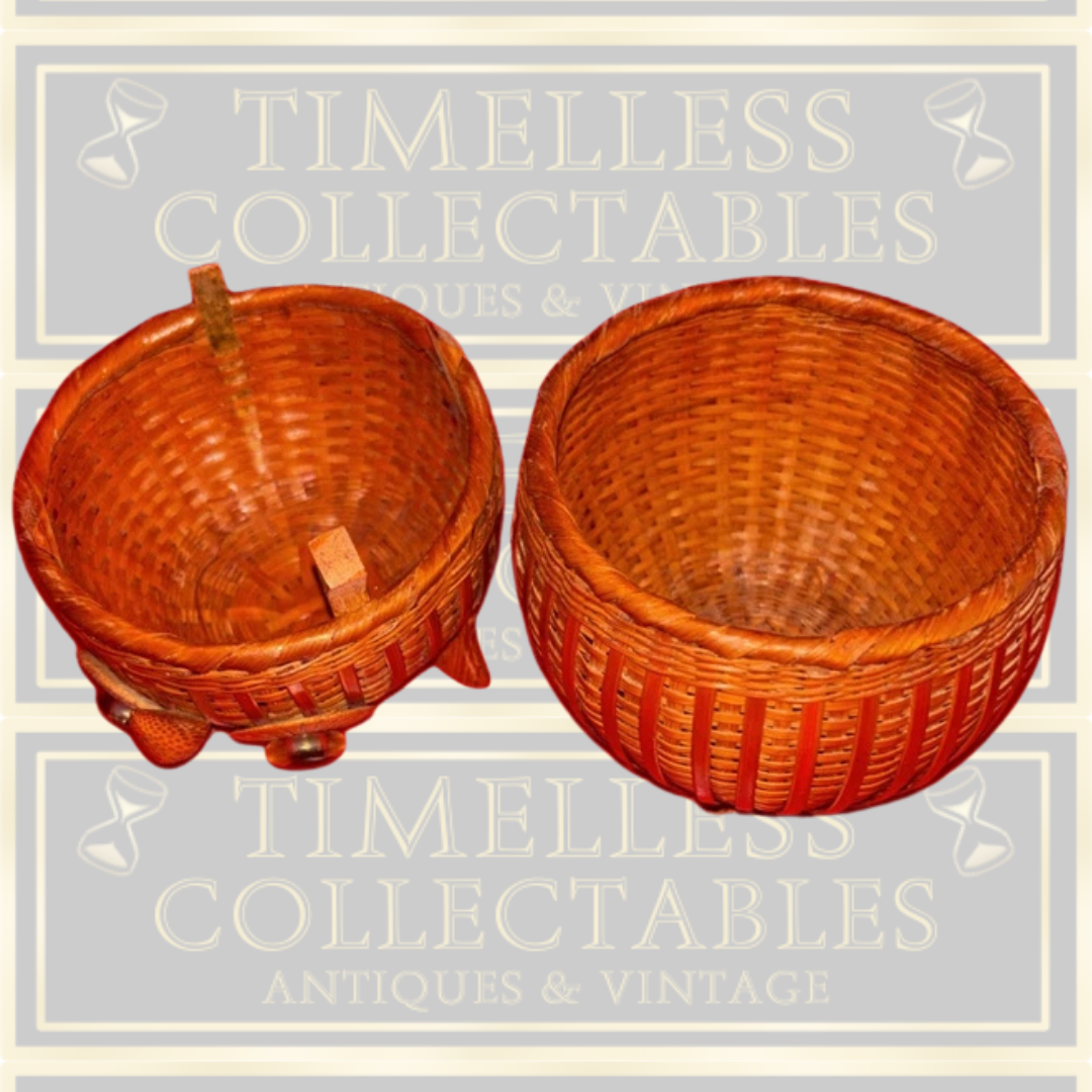 Vintage Woven Wicker Owl Lidded Basket