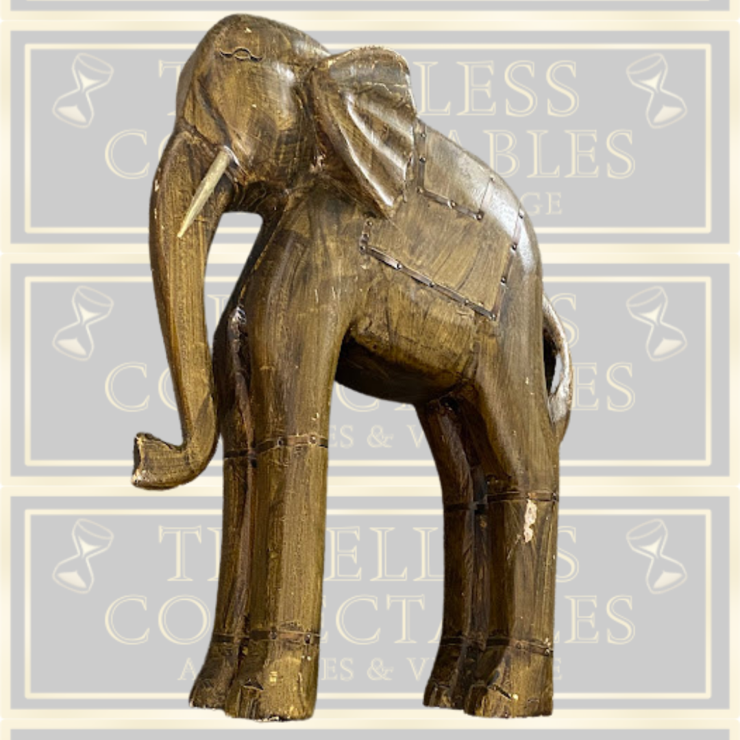Vintage Hand-Carved Wooden & Brass Elephant