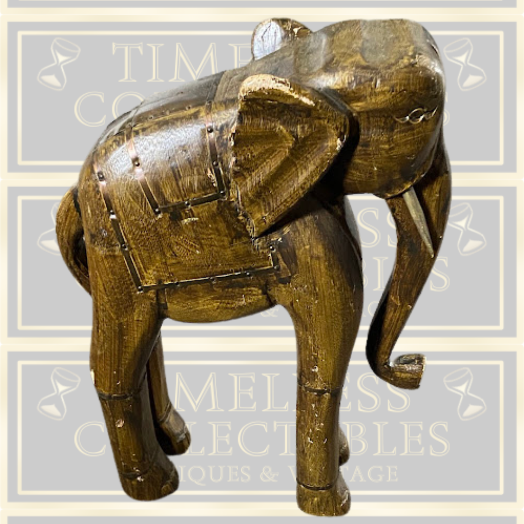 Vintage Hand-Carved Wooden & Brass Elephant
