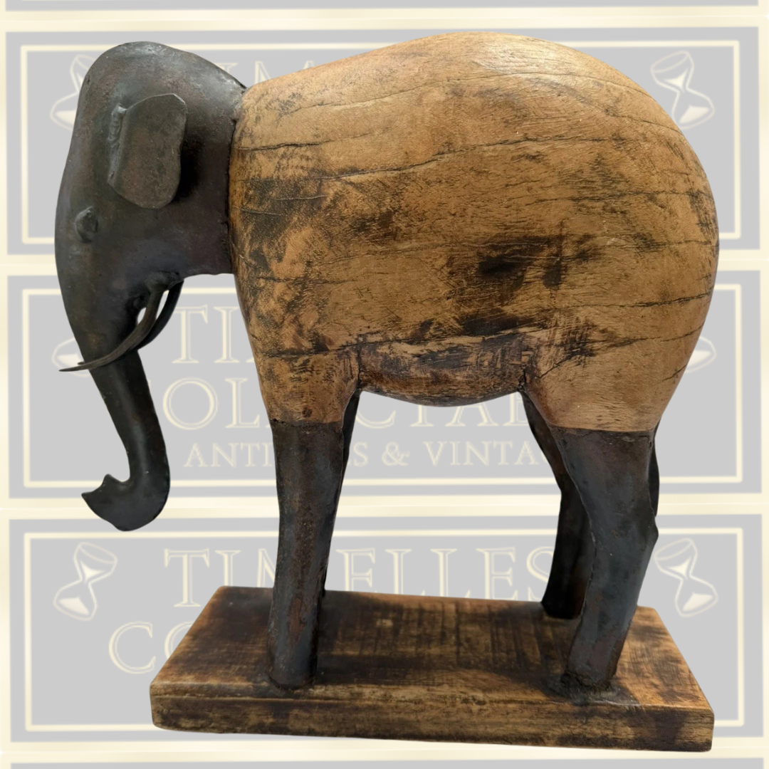 Vintage Handcrafted Indian Metal & Wood Elephant Sculpture